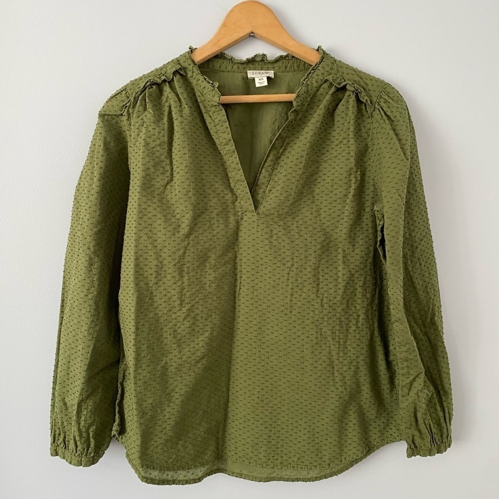 J. Crew Factory Size XS Green Popover Ruffle Top in Swiss Dot Career Casual